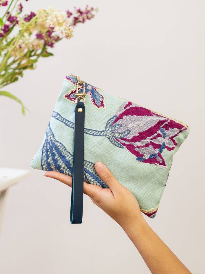 Enchanting Azure Embroidered Wristlet for wholesale by Ash & Rose