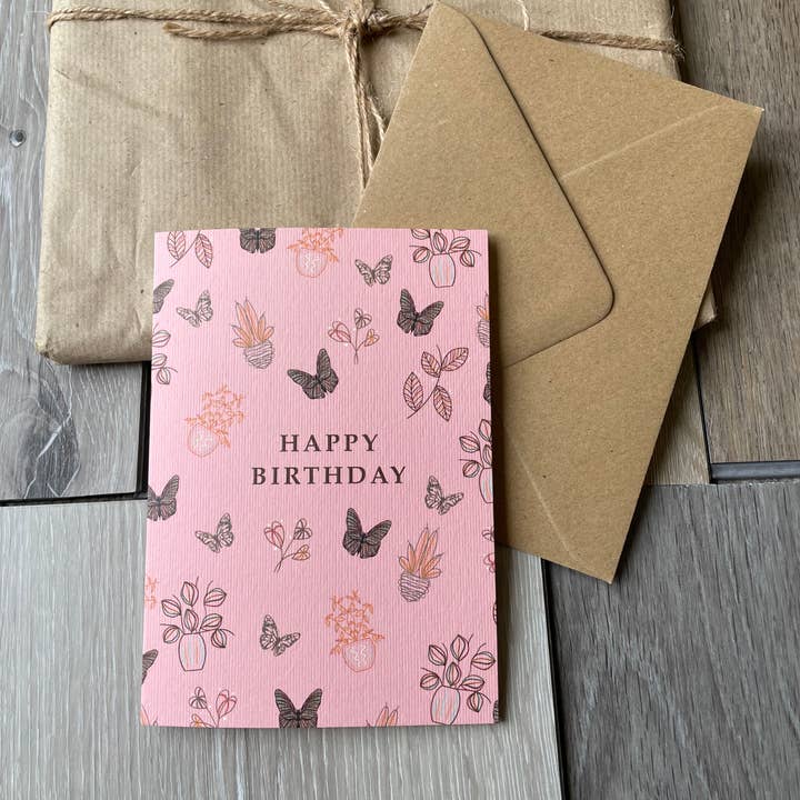 Happy birthday card, butterflies, pink, pretty, a6, gift for wholesale by Myayart