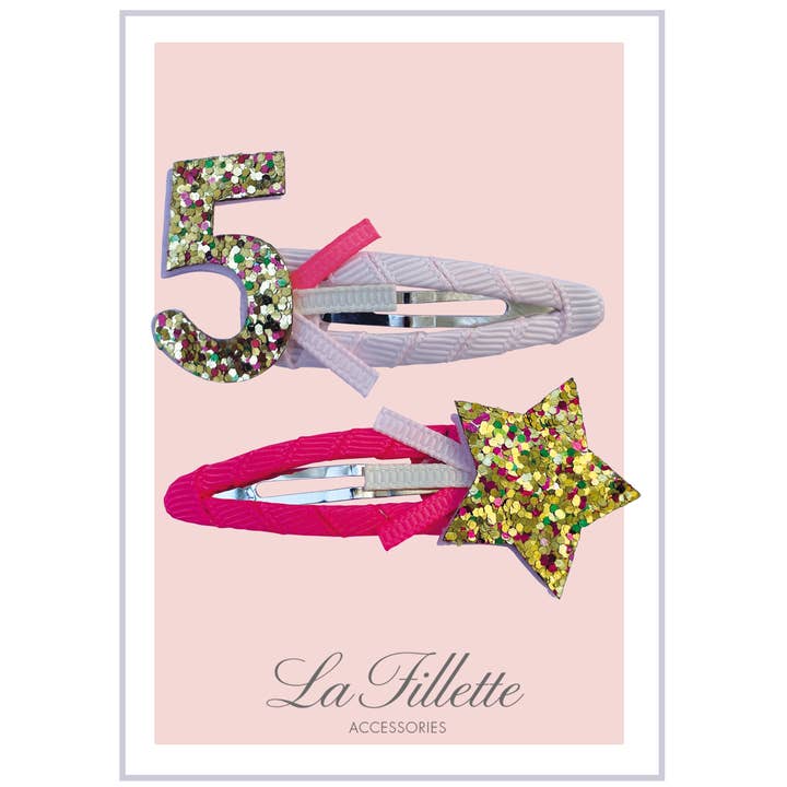 Set met ster en nummer 5 in poederroze en neon koraalgoud voor wholesale door La Fillette Accessories