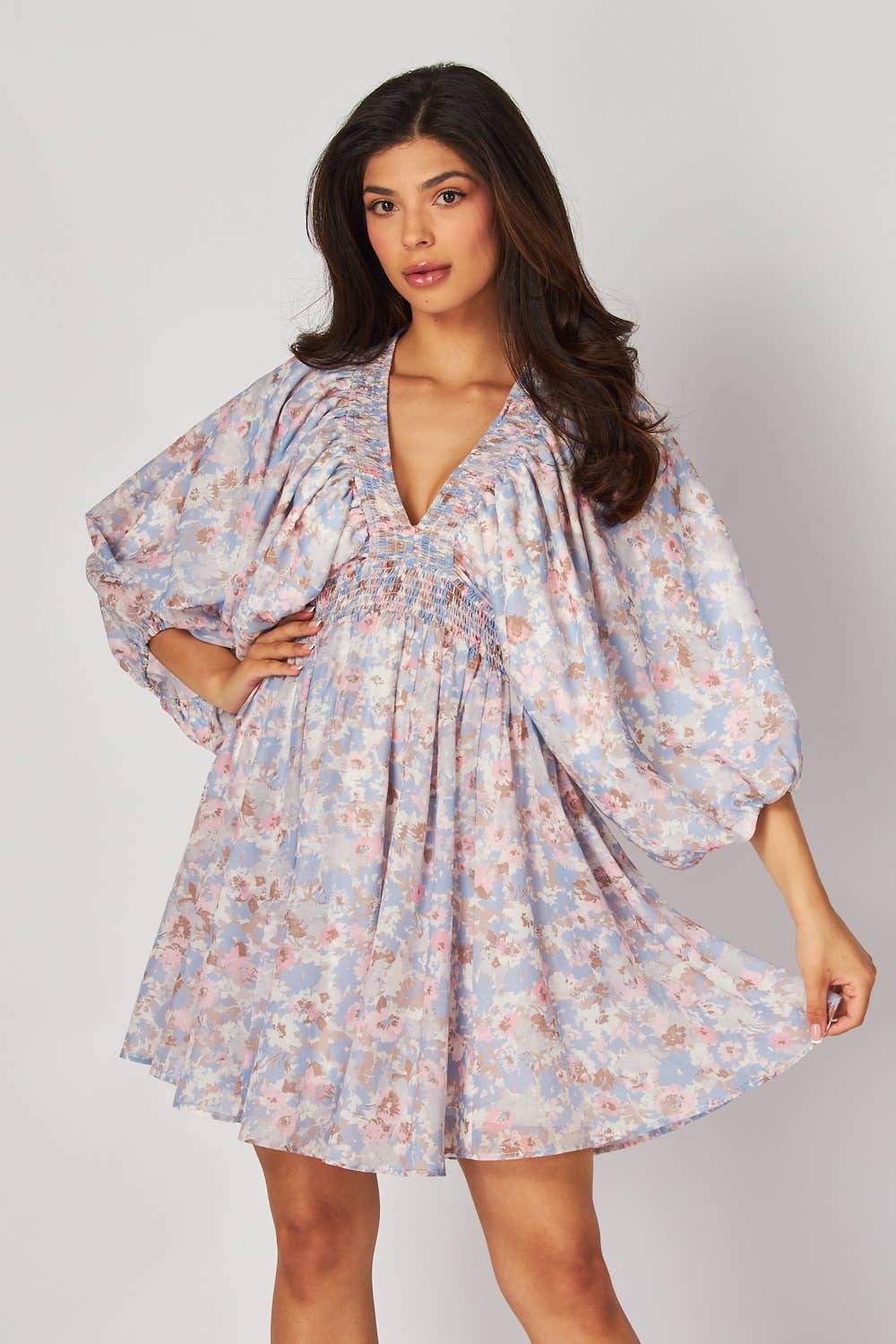 B I G H I T Fashion - Wholesale Dress - Women's - Floral Long Bubble Sleeve V-Neck Mini-Dress HD2574- LAVENDER2