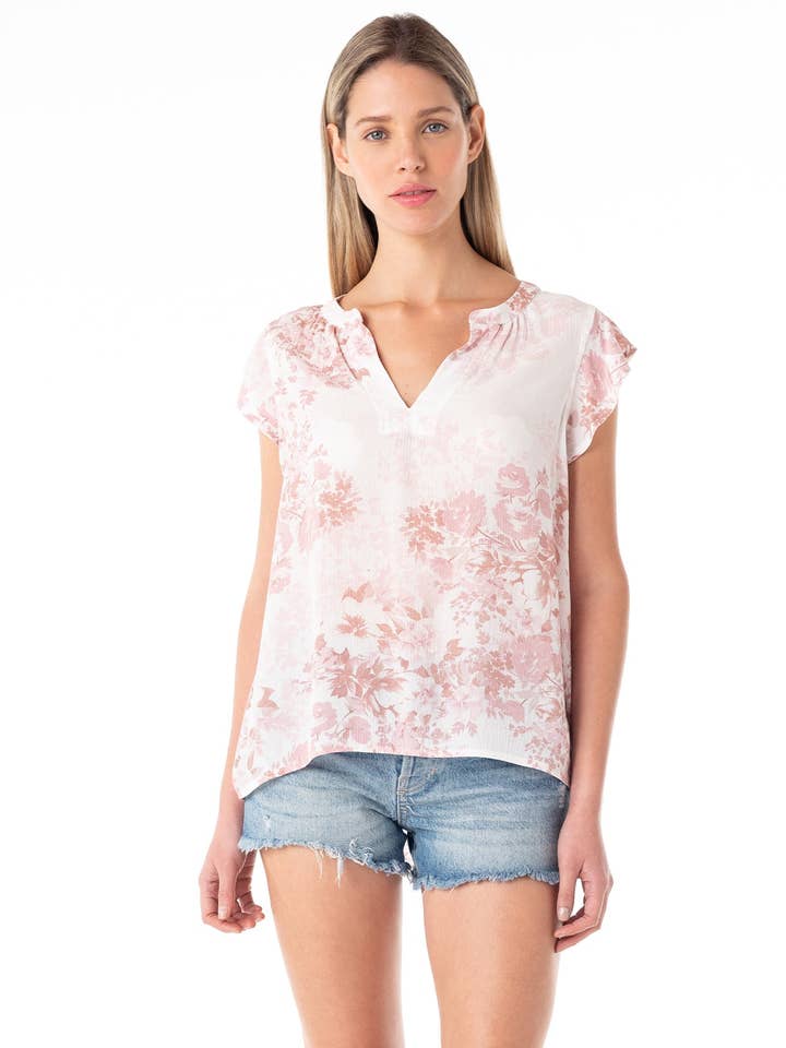 Floral Flutter Sleeve Split V Neck Top for wholesale by Lovestitch