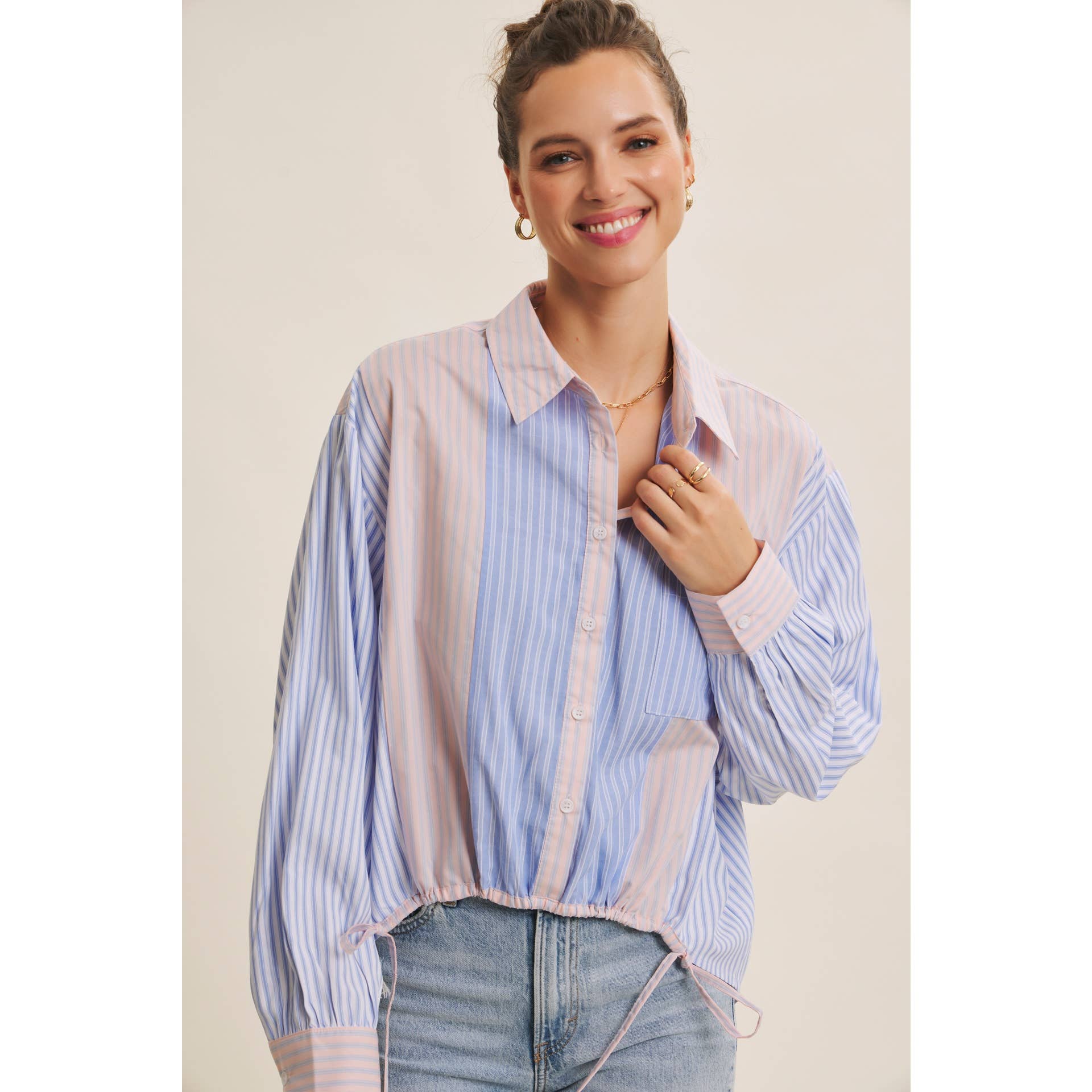 BLUE MULTI CLASSIC MEETS PLAYFUL STRIPE MIX DRAWSTRING WAIST SHIRT for wholesale on Faire6