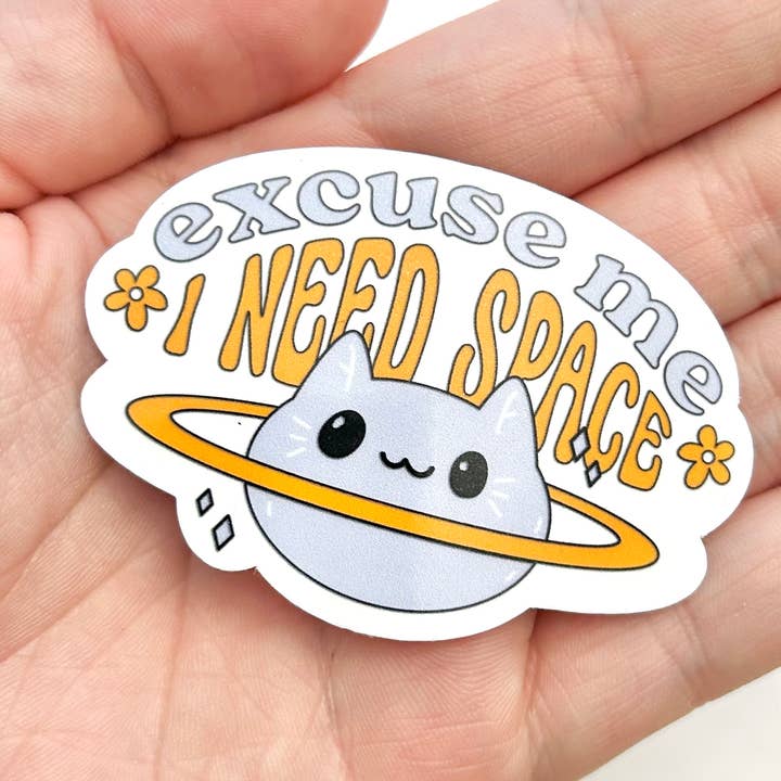I Need Space Cat Sticker - Purple Saturn Cat Art - Introvert for wholesale by Happyish Brand