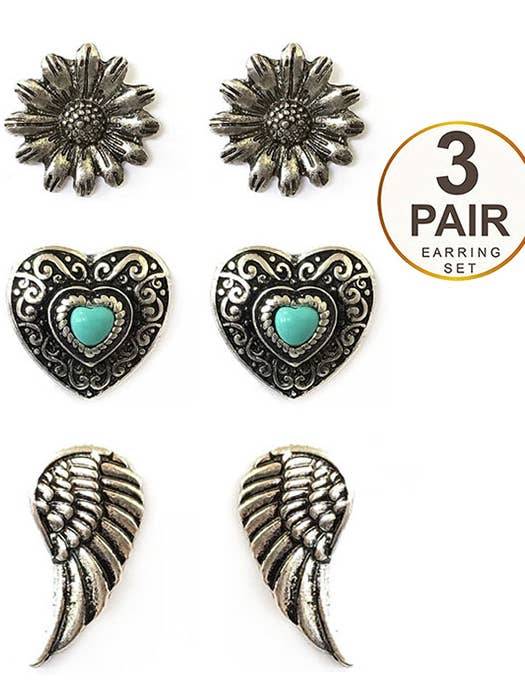 ( TX1411 ) TURQUESA CONJUNTO DE 3 PARES DE BRINCOS por atacado de Jewelry Max