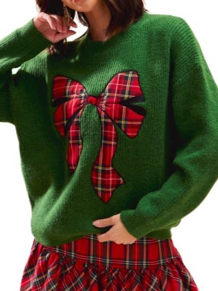 Checker Plaid Ribbon Christmas Holiday Sweater Top for wholesale by Vanilla Monkey