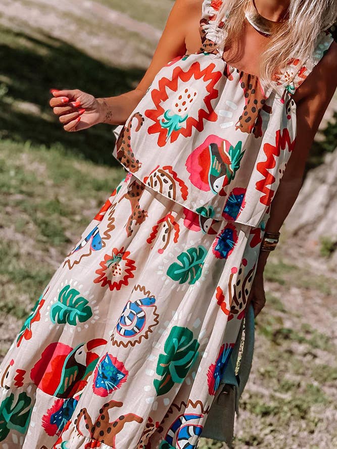 White Boho Fake Two Piece Floral Maxi Cami Dress CY062 for wholesale on Faire