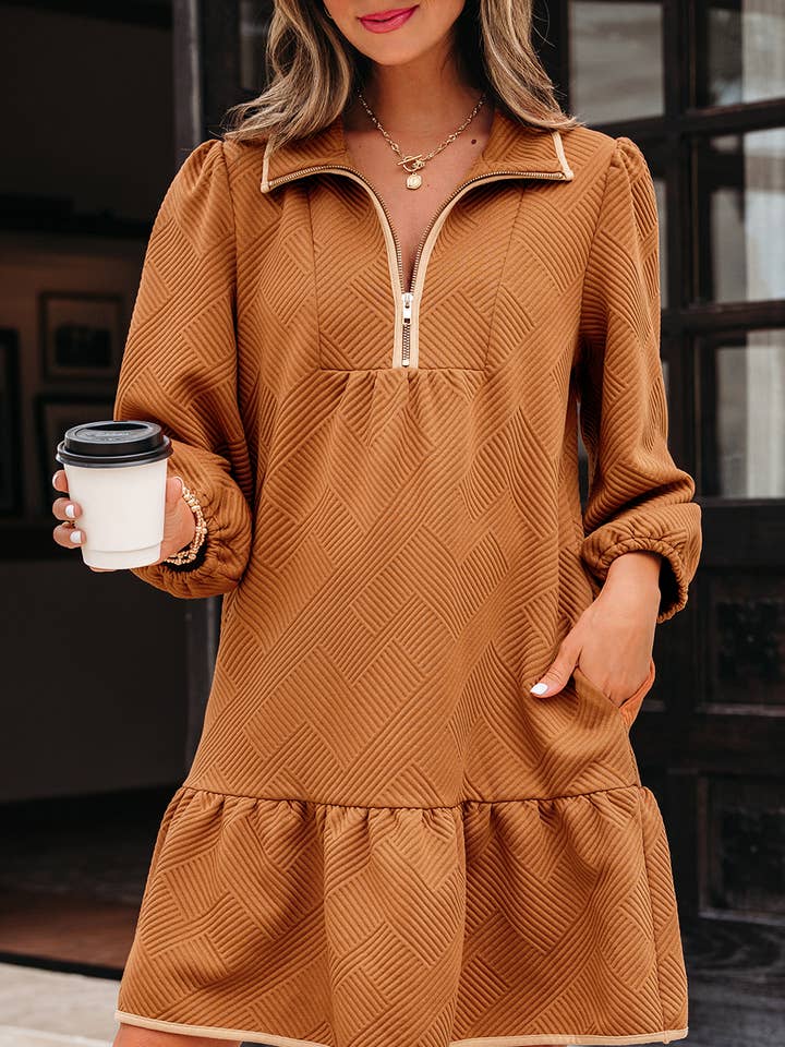 Quarter Zip Collar Bracelet Sleeve Textured Mini Dress for wholesale by FULL TIME PURCHASE