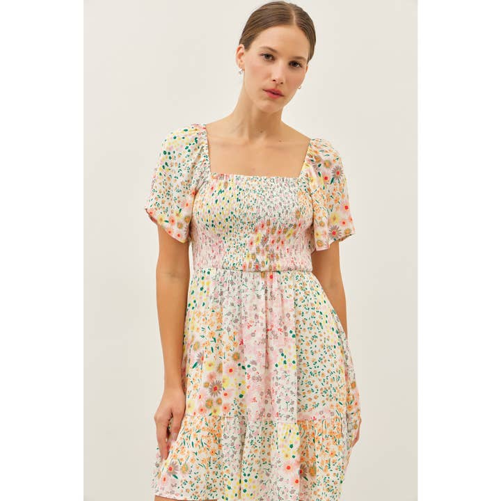 FLOWY RAYON GAUZE SMOCKED DITSY FLORAL MINI DRESS for wholesale on Faire