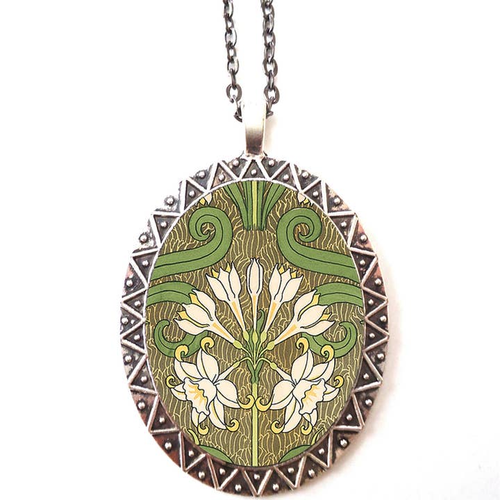 Art Nouveau Floral Necklace Pendant Silver Tone - Flower Art Deco Boho for wholesale by FringePop