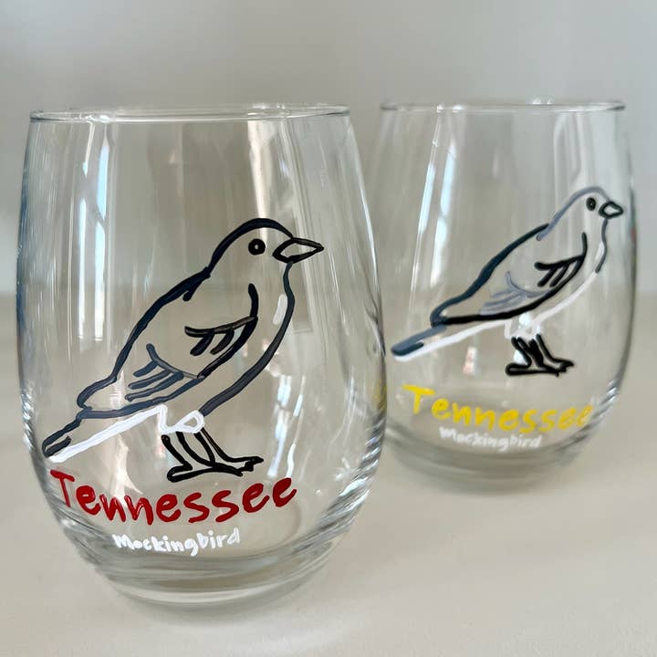 Hand Painted Glass, Co - Wholesale Wine Glass - Tennessee Mockingbird Stemless Wine Glass – 20 oz0