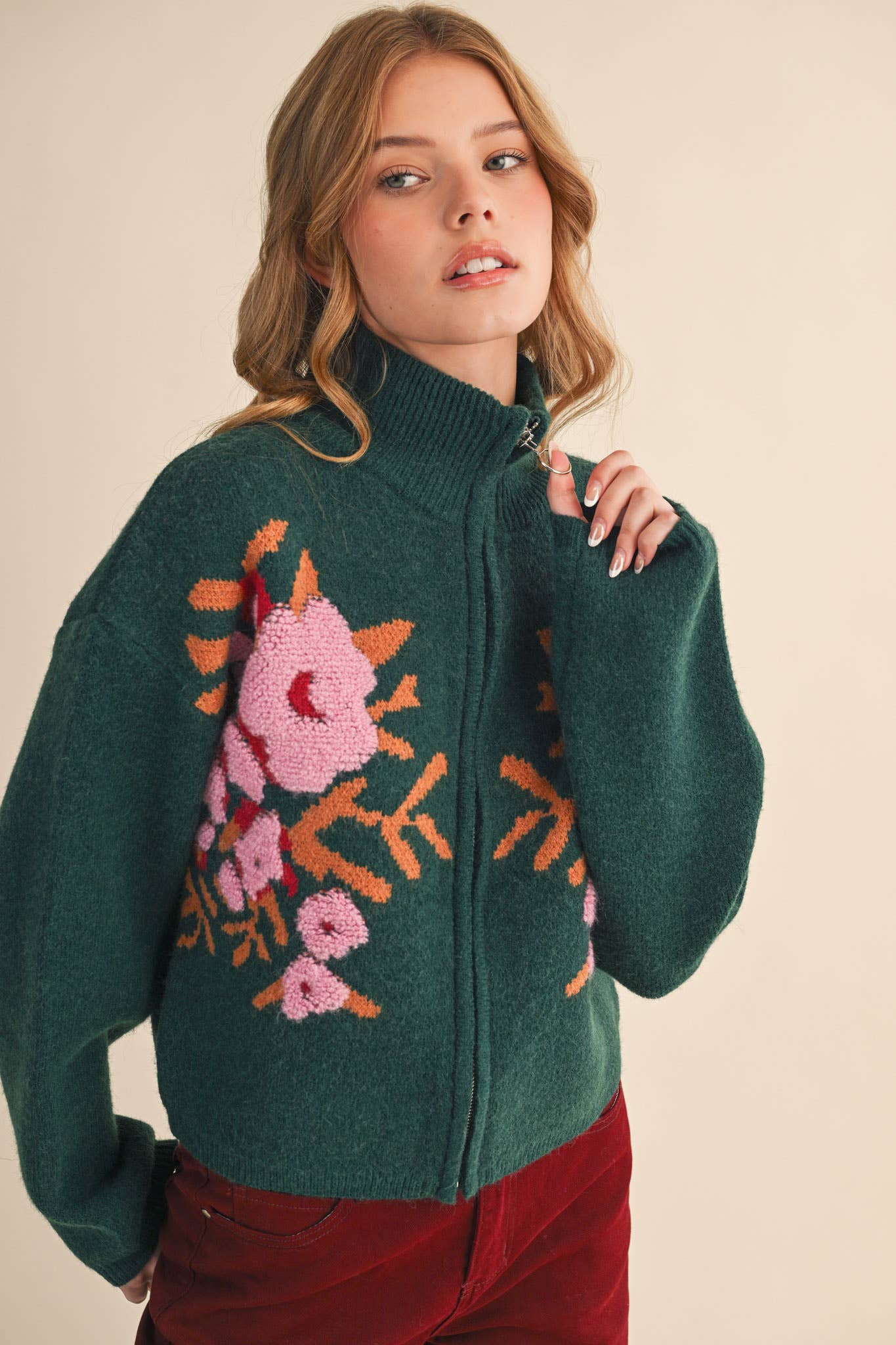 &MERCI - Wholesale Cardigan - Women's - FLORAL ZIP UP SWEATER CARDIGAN MSW1118858