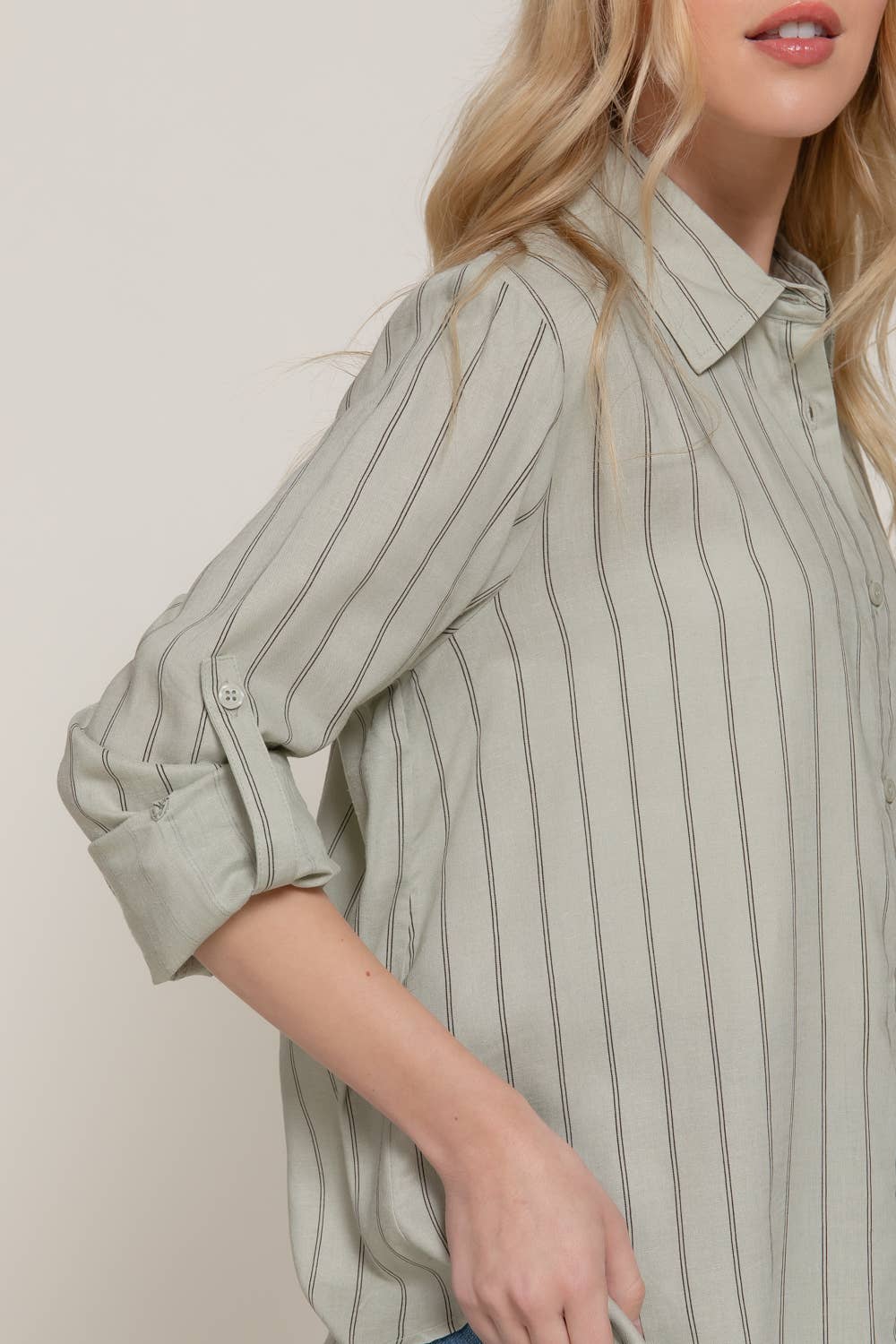 Active Basic | Active USA - Wholesale Button Down Shirt - Women's - Long Sleeve Button Down Stripe Linen Oversized Shirt26