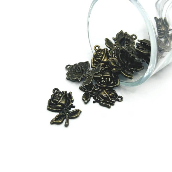 Bronze Rose Flower Charms, 25x17mm for wholesale by Guerrilla Charm