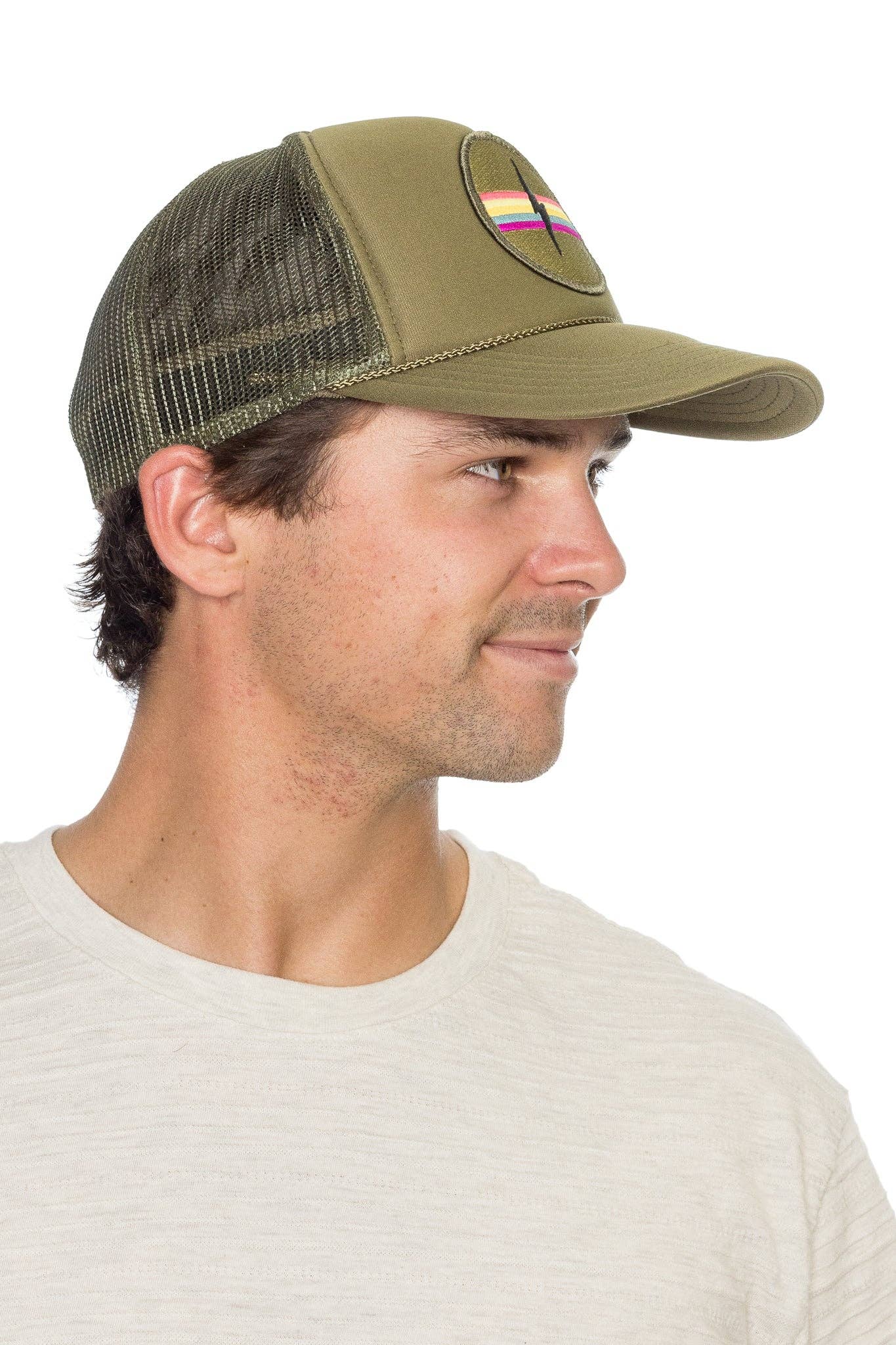 Electric Rainbow Trucker Hat in Olive for wholesale on Faire5