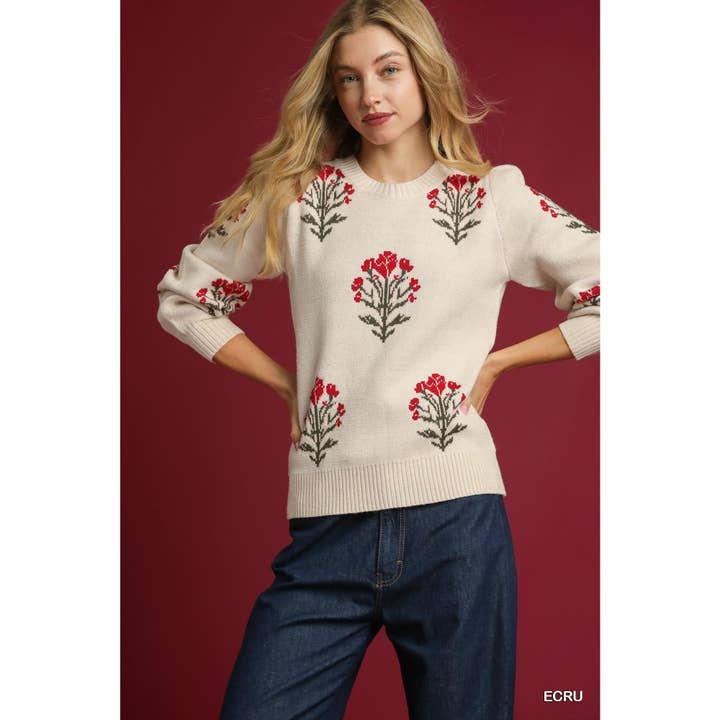 STYLE USA - Wholesale Tunic - Women's - Flower Stem Jacquard Sweater Top