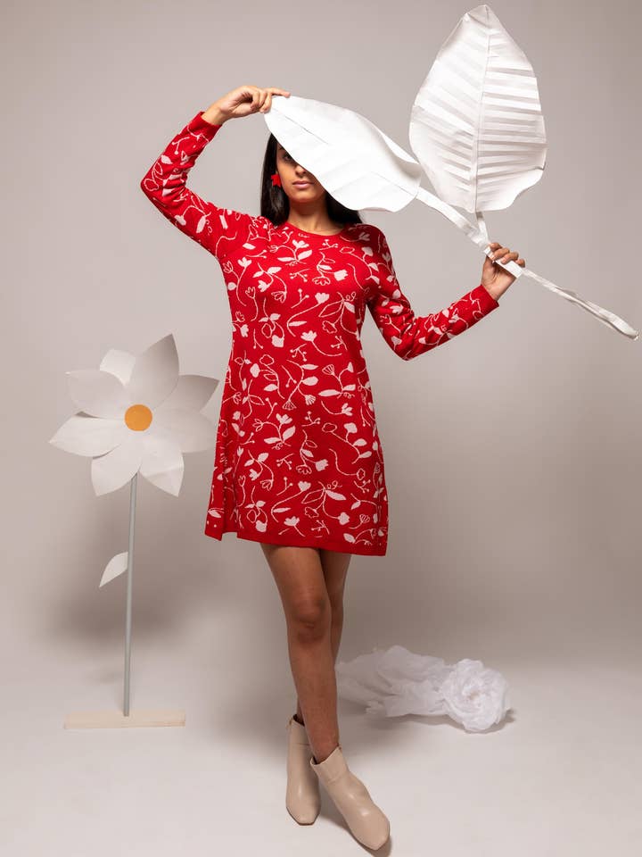 Hanami red and pink merino wool dress for wholesale by Magical Crisálida