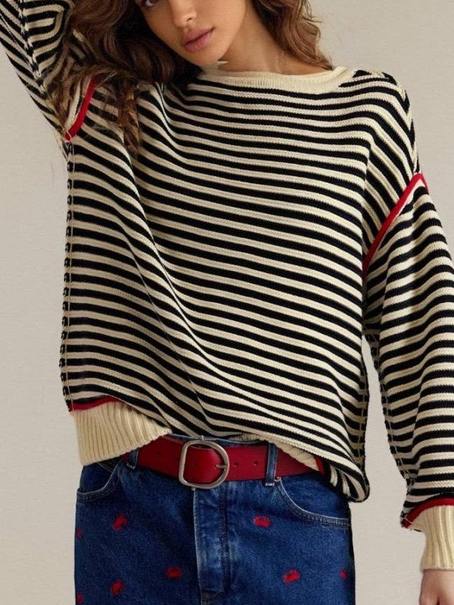 Striped Boat‑Neck Sweater with Red Accent Trim for wholesale by Anna Kaci Wholesale