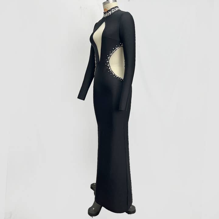 DR325 Elegant Rhinestone Black Bandage Maxi Gown for wholesale on Faire