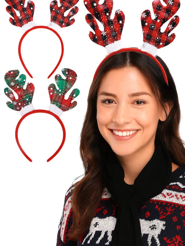 Christmas Snowflake Fur Plaid Antler Hairband for wholesale by Cap Zone