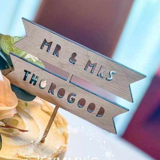 Personalised Wooden Mr and Mrs Cake Decoration for wholesale by The Flamingo Cabin