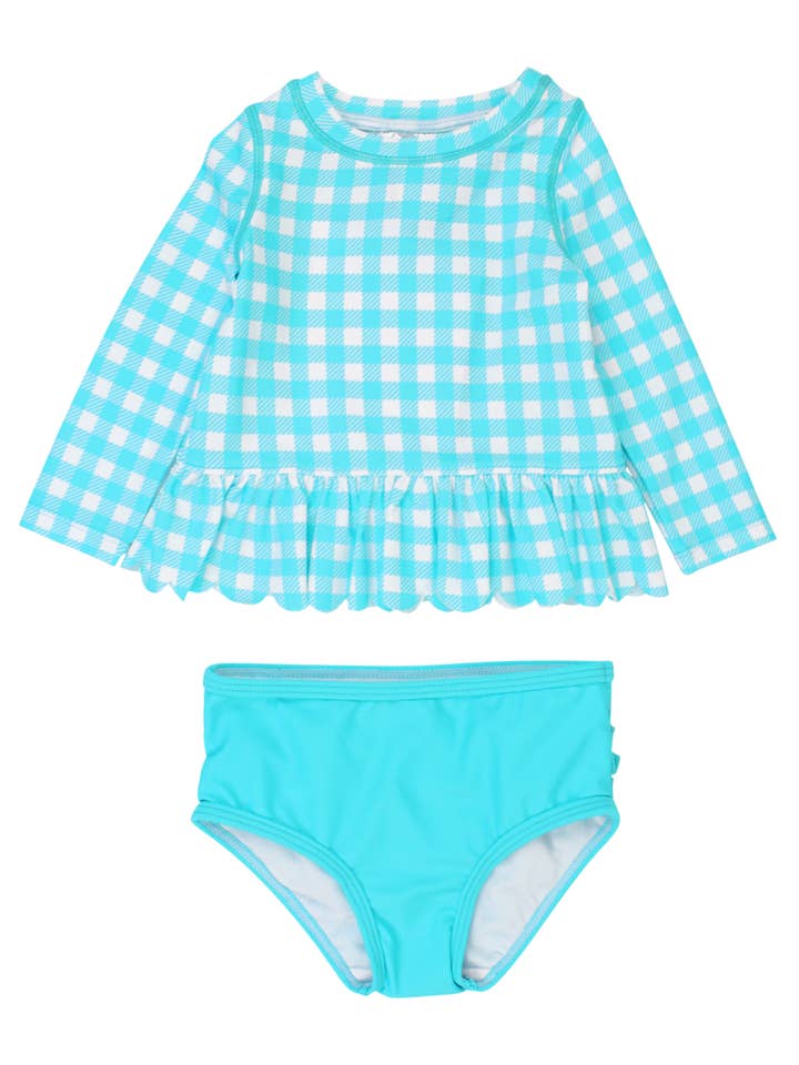 Fato de Banho de Duas Peças para Meninas com Top de Manga Comprida em Aqua Brilhante com Padrão Gingham e Bainha Recortada, com Folhos Característicos na Parte Traseira por atacado de RuffleButts + RuggedButts