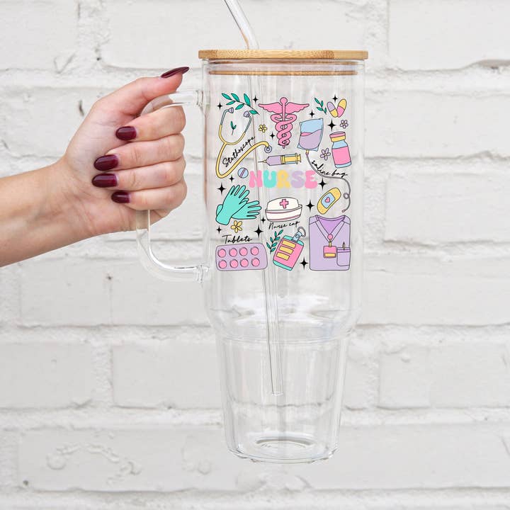 Bicchiere in vetro per infermiere da 40 once con coperchio e cannuccia per la vendita all'ingrosso da parte di Sip-Sip Hooray!