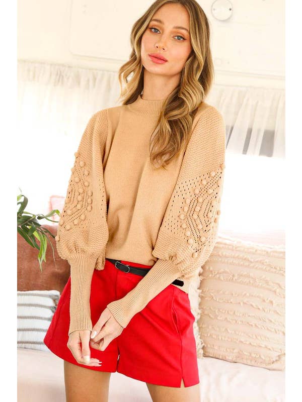 Vine & Love - Wholesale Knit Sweater - Women's - Round Neck Pom Pom Balloon Long-Sleeve Knit Sweater VT70344