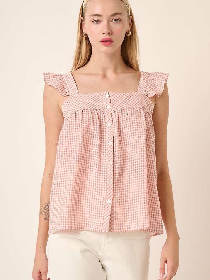 H14555-GINGHAM BUTTON FRONT RUFFLE DETAIL BLOUSE for wholesale by mittoshop