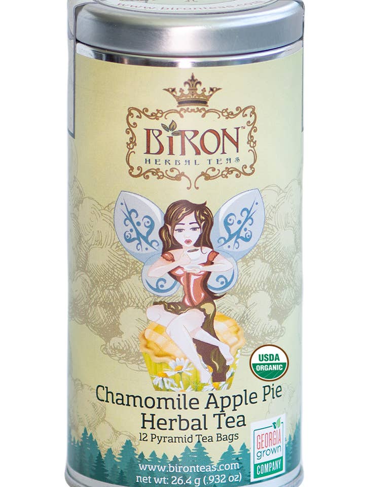Chamomile Apple Pie Herbal Tea Tin- 12 ct In pyramid bags for wholesale by Biron Organic Teas