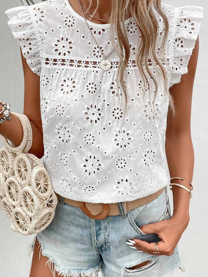 White Eyelet Sleeveless Blouse for wholesale on Faire