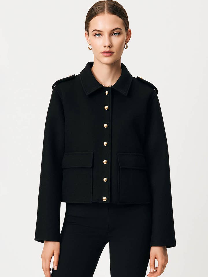 Black Ladies Lapel Collar Long Sleeves Shoulder Epaulette Cropped Jacket for wholesale on Faire3