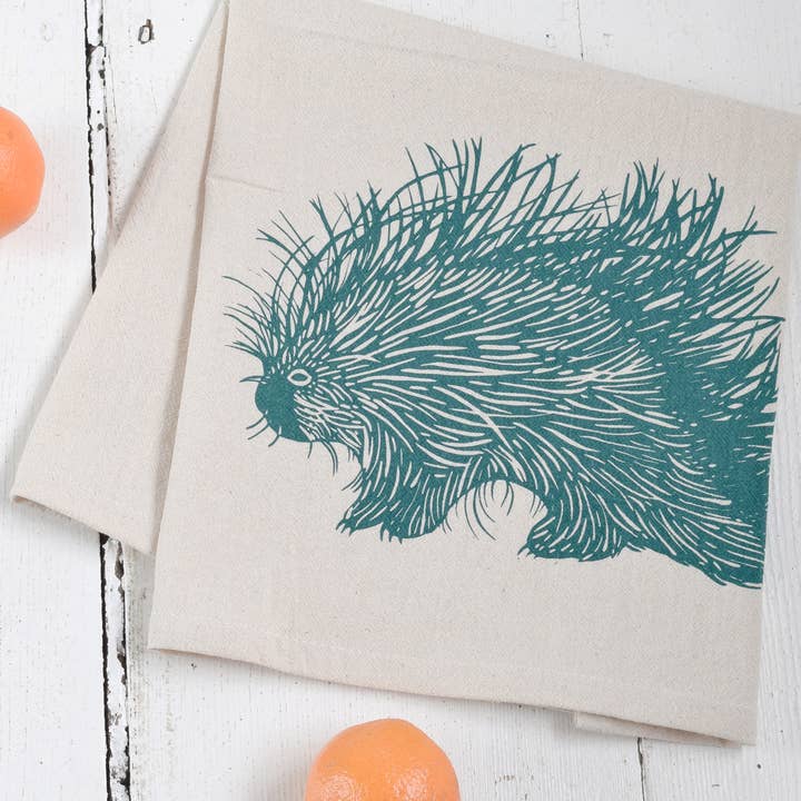 Hearth and Harrow - Vente Serviettes de table en tissu - Ensemble de 4 serviettes en coton biologique Woodland Porcupine vertes