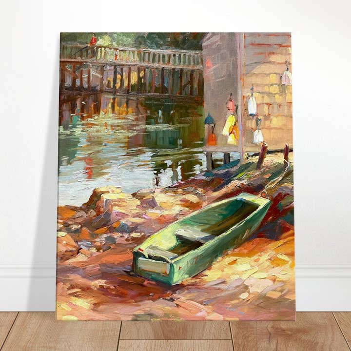 'Boathouse Reflections' Coastal I 20x24 tommer kunsttryk på lærred I Original kunstværk af amerikansk kunstner Barbara Cleary for engroshandel hos Barbara Cleary Designs