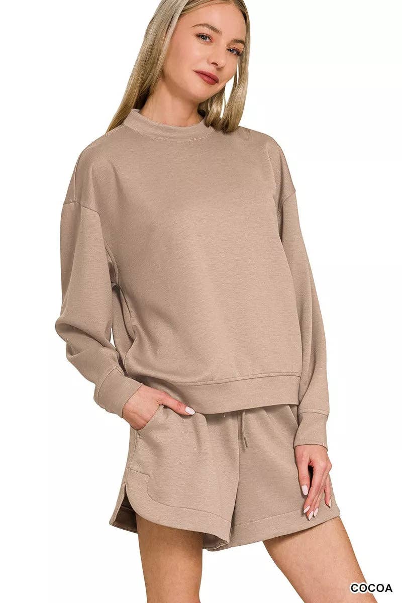 COCOA Zenana Scuba Long Sleeve Sweatshirt and Shorts Set for wholesale on Faire1