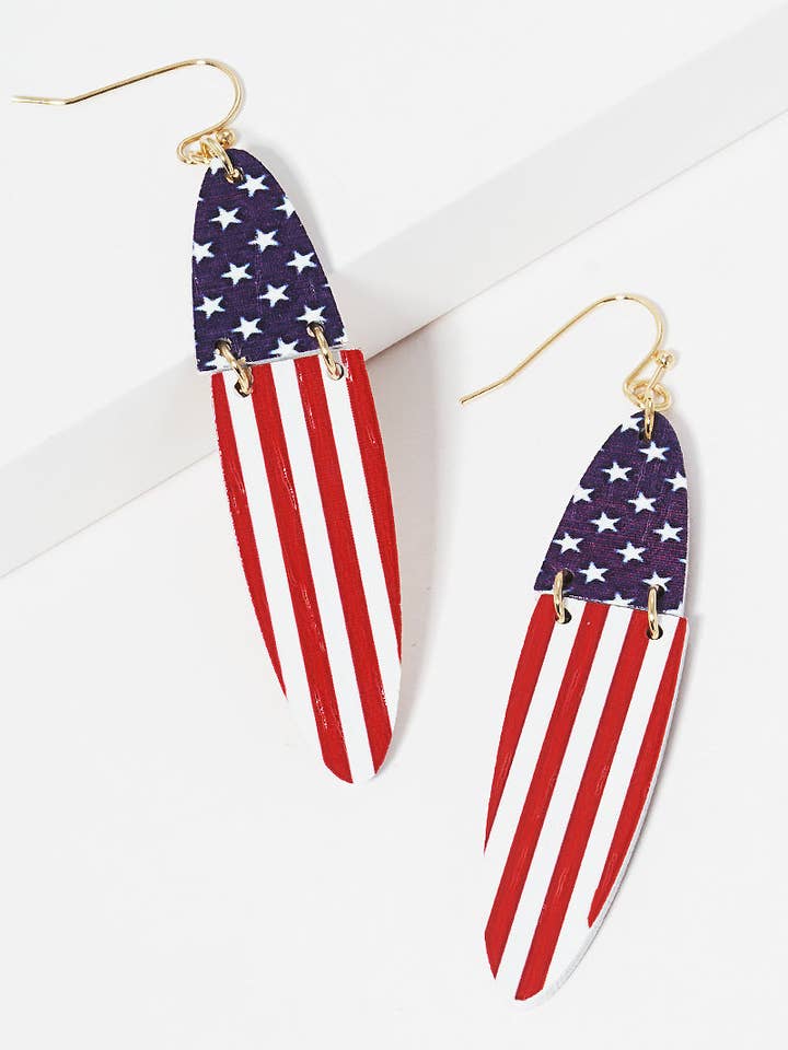 Patriotic-Theme US Flag Printed Oval Dangle Drop Earrings for wholesale by Wild Honey
