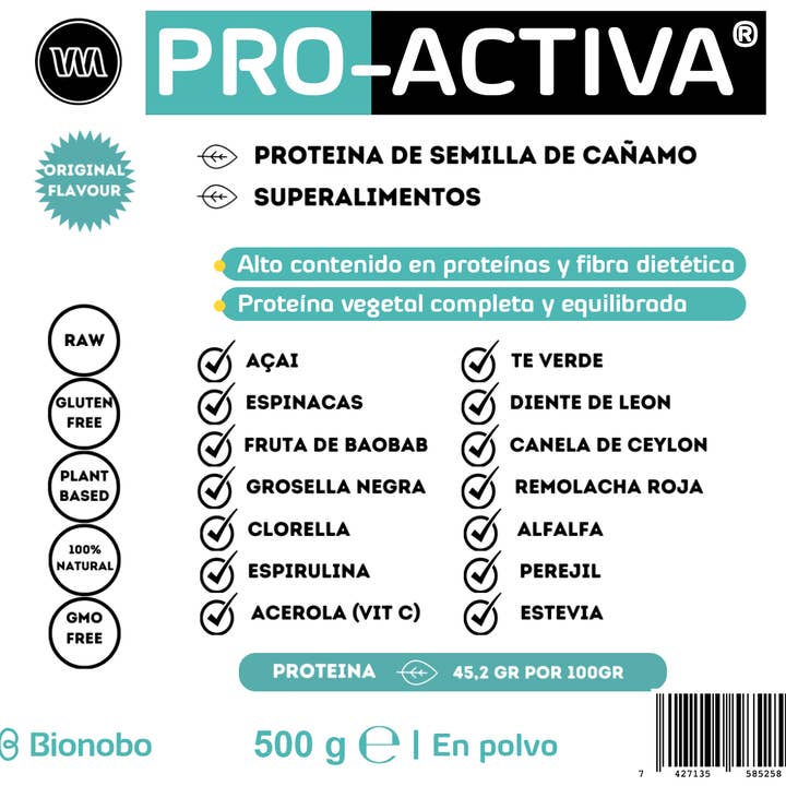 Bionobo - Wholesale Protein/Superfood Powder - PRO-ACTIVA® | Hemp Seed Plant Protein Powder (500g) +Superfoods and Added Enzymes | Free Shipping Peninsula |