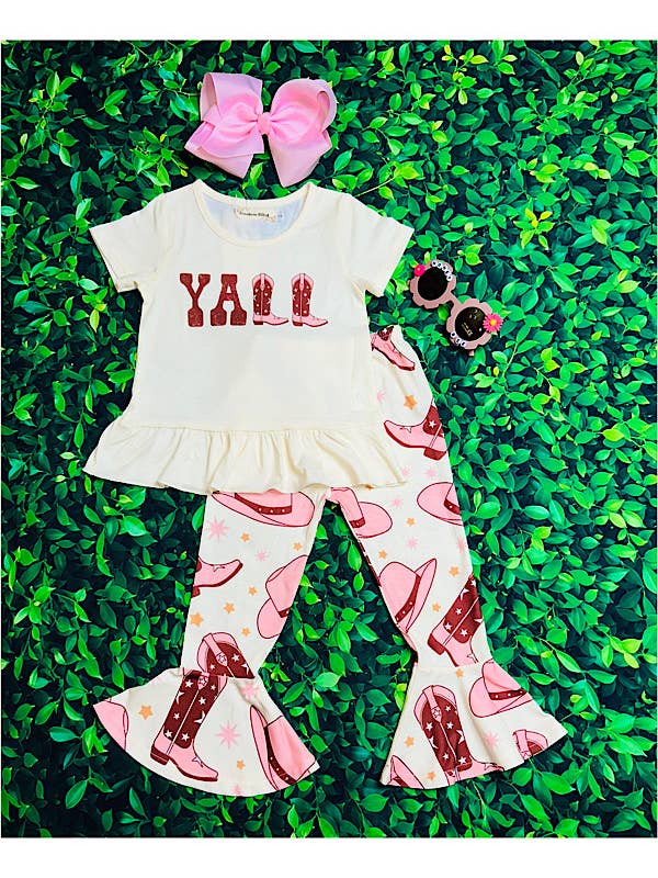 luluclothes - Wholesale Top & Pant Set - Kids - "YALL" western boots & hat girls 2pc set XCH0666-12H