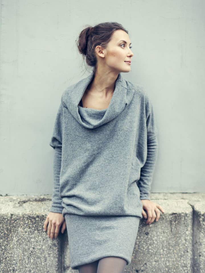 Wool Sweater Dress, Cowl Neck Dress, Grey Winter Dress for wholesale by LeMuse