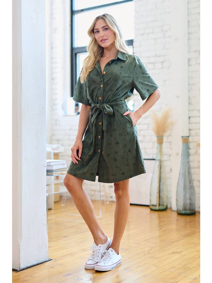 SM WARDROBE - Wholesale Dress - Women's - MUSHROOM PRINT CORDUROY SHIRT DRESS - GREEN5