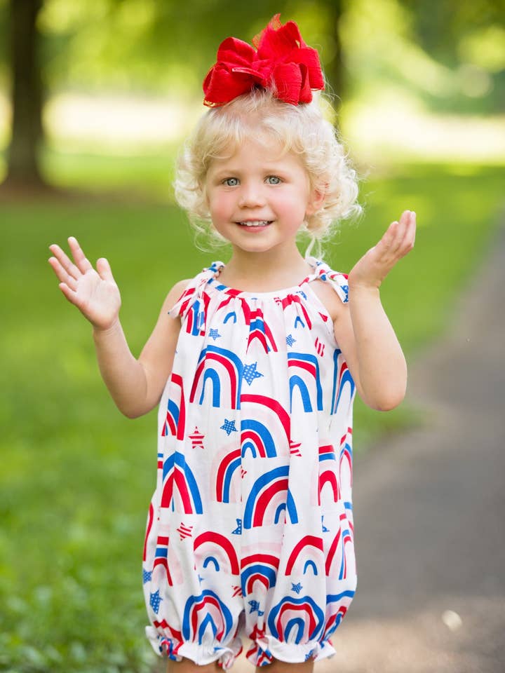 Stars & Bows Knit Rainbow Print Tie Shoulder Bubble for wholesale by Posh Pickle