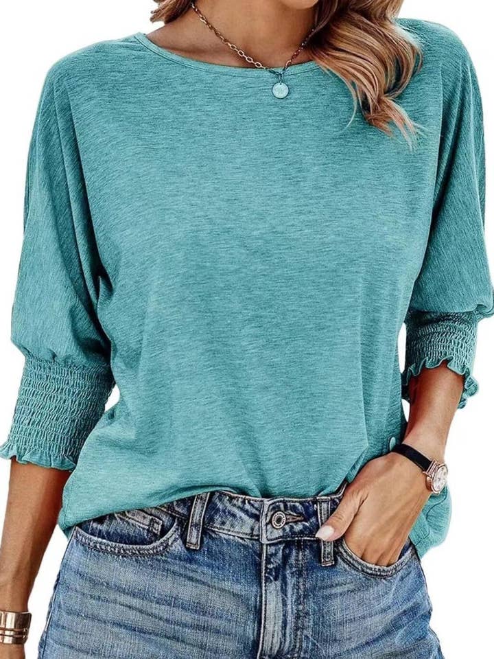 DE VAVE - Wholesale Blouse - Women's - Smocked Cuff Round Neck Blouse