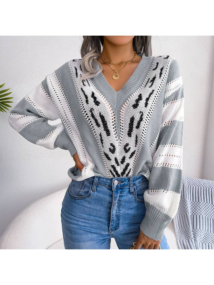 madeinclothinginc - Wholesale Knit Sweater - Women's - Knitted V-Neck Leopard-Print Long-Sleeved Sweater