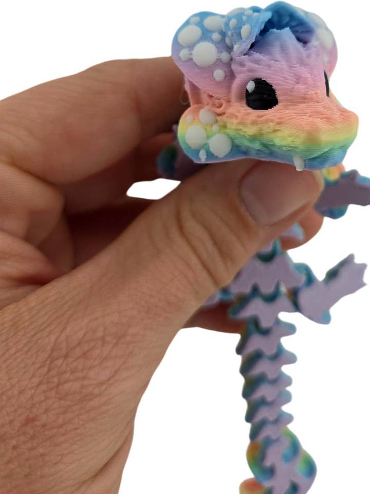 3D Printed 6 Inch Baby Mushroom Dragon, Pastel Rainbow, Articulated Fantasy Creature for wholesale by The Geek Galleria