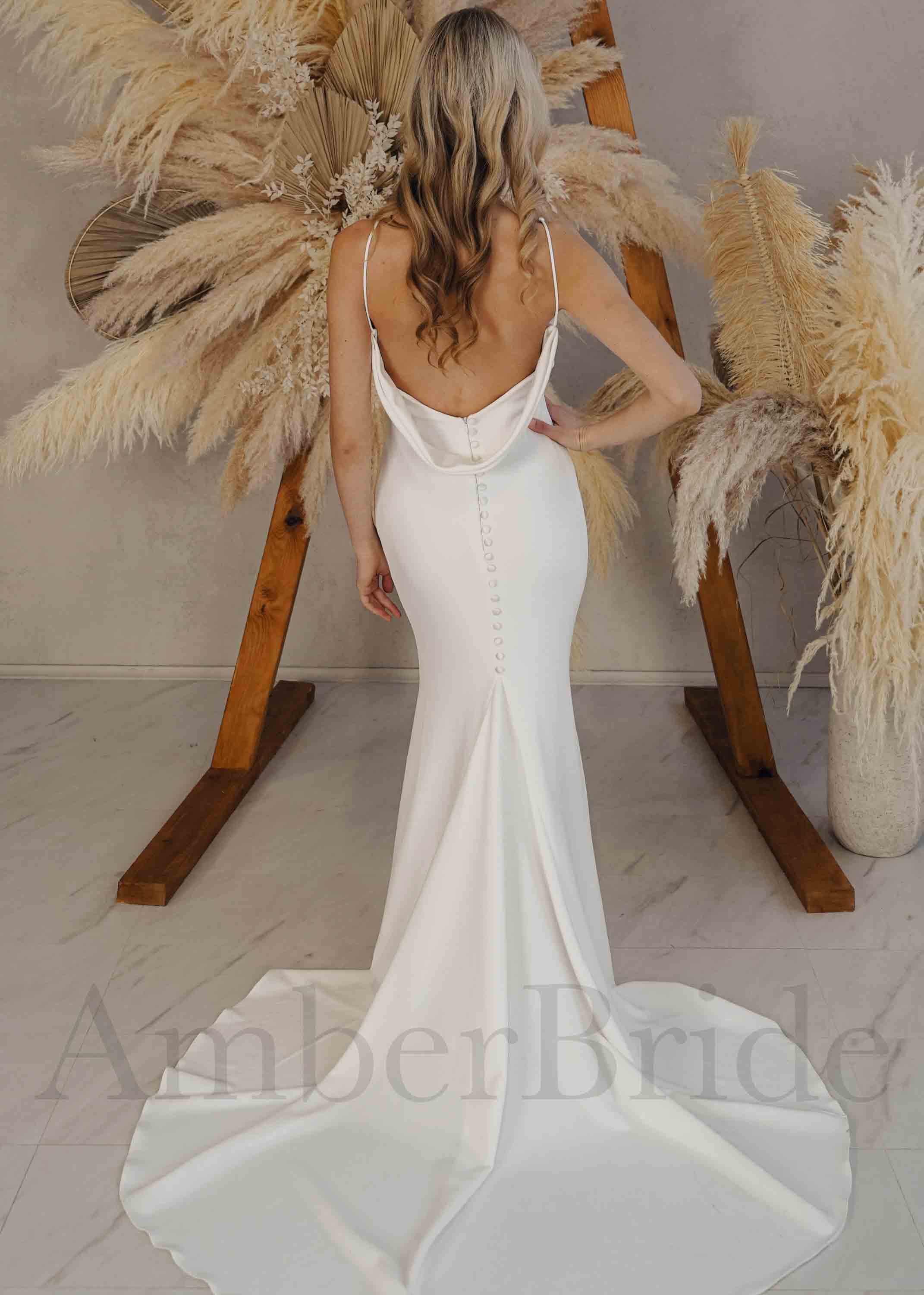 Amber Commerce Group, MB - Wholesale Gown - Women's - Simple Satin Mermaid Wedding Dress with V-Neck, Spaghetti Straps and Low Back5