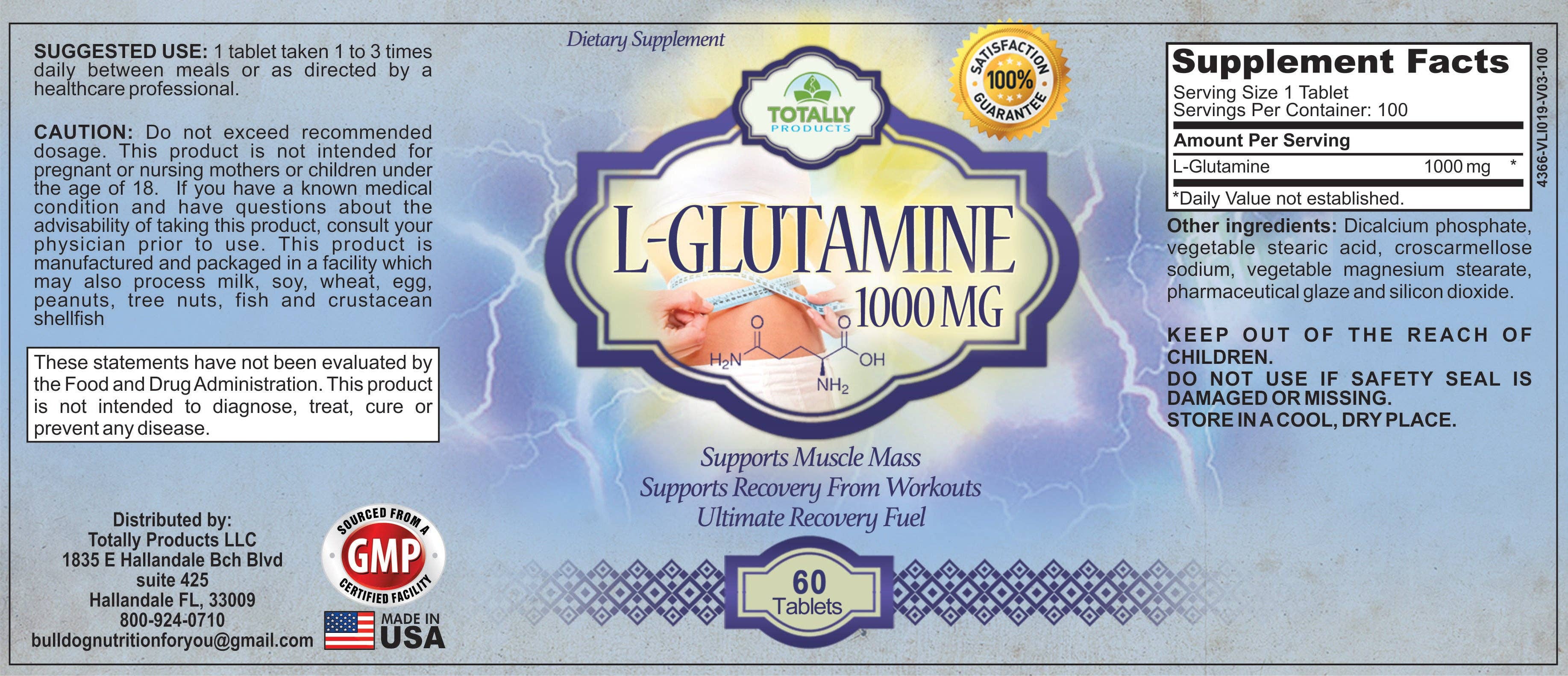 Totally Products – Großhandel Nahrungsergänzungsmittel/Vitamin zum Einnehmen – Totally Products L-Glutamin 1000 mg Tabletten (60 pro Flasche)1