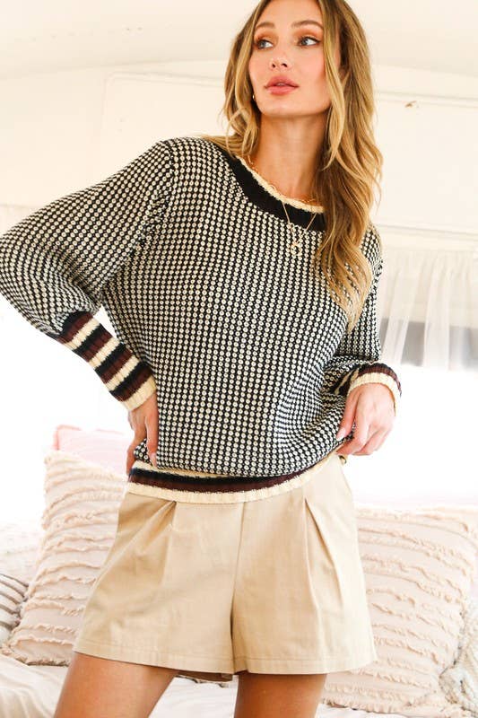 Vine & Love - Vendita all'ingrosso Maglione tricot - Donna - Maglione lavorato a maglia con dettagli a costine a contrasto a girocollo VT811260