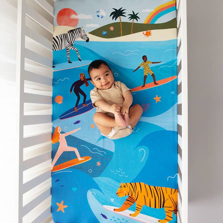 Rookie Humans - Wholesale Cot/Crib Sheets - Cotton Sateen Crib Sheet: Surfing Safari