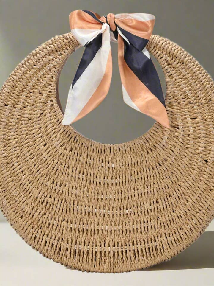 BGW5122 Straw Circle Handbag With Scarf for wholesale by MiMi Wholesale