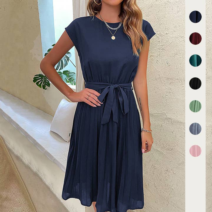 Casual Pleated Tie-Waist Midi Dress for wholesale by onatorobi