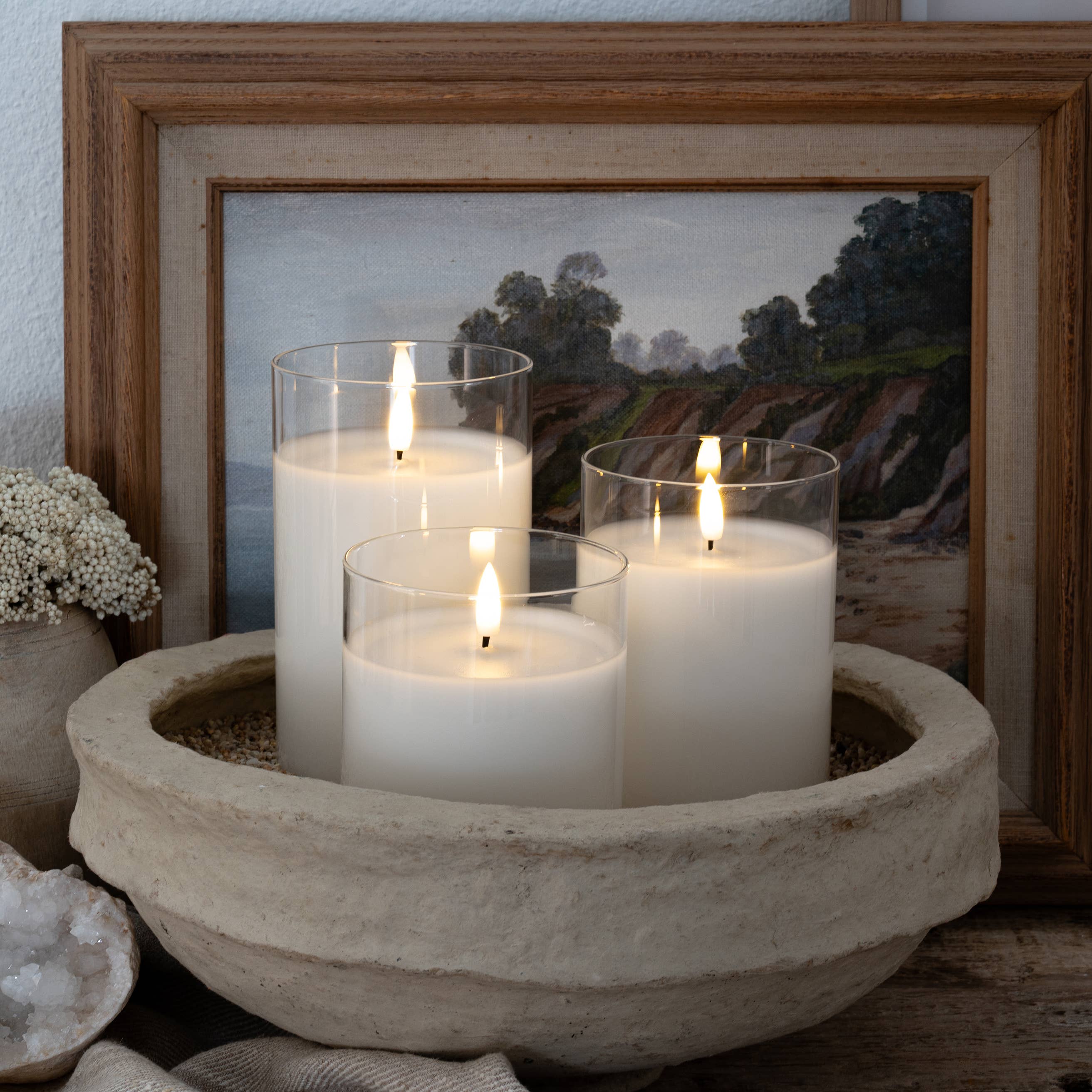 Sandstone & Sage - Wholesale Jar/filled candle - Flameless LED Hurricane Glass Candles - White and Amber17